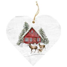 Bohemia Gifts Dřevěné dekorační srdce s potiskem Domeček a srnky 12 cm