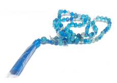 108 Mala Achát modrý náhrdelník, meditační šperk, přírodní kámen vázaný, elastický, střapec 8 cm, korálek 6mm