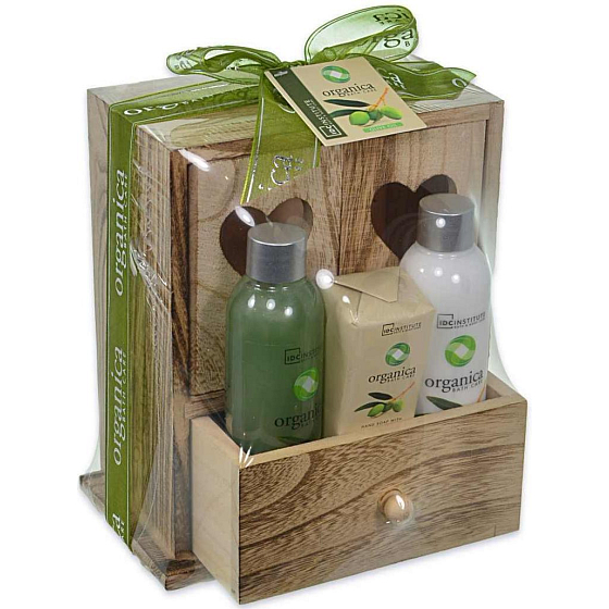 Idc Institute Organica Olive Oil sprchový gel 120 ml + tělové mléko 120 ml + mýdlo 90 g v dřevěné krabičce, kosmetická sada