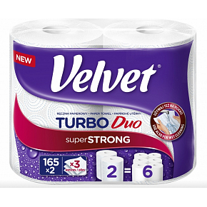 Velvet Turbo Duo papírové utěrky 3vrstvé, 165 útržků, 36,3 m v roli, 2 role