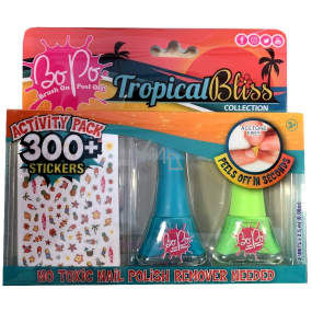 Bo-Po Tropical Bliss lak na nehty slupovací tyrkysový 2,5 ml + lak na nehty slupovací světle zelený 2,5 ml + nálepky na nehty, kosmetická sada pro děti