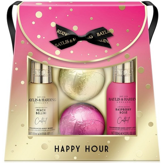 Baylis & Harding Koktejlová hodina Broskvové Bellini mycí gel 100 ml + Malinová růže mléko na ruce a tělo 100 ml + šumivý balistik do koupele 2 x 140 g, kosmetická sada
