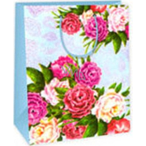 Ditipo Dárková papírová taška 26,4 x 13,7 x 32,4 cm světle modrá kytky