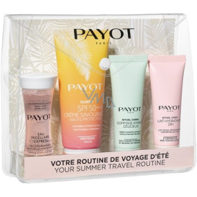 Payot Summer Travel Kit Eau Micellaire Express odličovací pleťová voda 30 ml + Creme Savoureuse SPF50 opalovací krém 50 ml + Gommage Amande Déclicieux tělový peeling 25 ml + Lait Hydratant 24H tělová péče 25 ml, Promo cestovní kosmetická sada v taštičce 2021