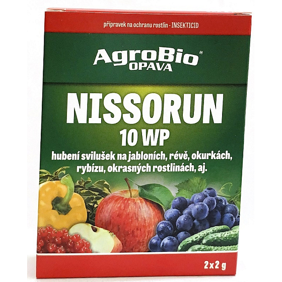 AgroBio Nissorun 10WP insekticidní přípravek pro hubení svilušek v jádrovinách, jahodnících, okrasných rostlinách nebo v zelenině 2 x 2 g 6921/24014, 9/2026