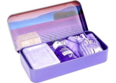 Esprit Provence Levandule toaletní mýdlo 60 g + vonný pytlík + esenciální olej 12 ml + plechová krabička s obrázkem západu slunce, kosmetická sada pro ženy