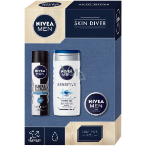 Nivea Men Skin Diver Sensitive sprchový gel 250 ml + Black & White Invisible Fresh antiperspirant sprej 150 ml + krém 30 ml, kosmetická sada