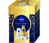 Nivea Golden Moment Shea Butter & Botanical sprchový gel 250 ml + Q10 Zpevňující tónovací tělové mléko 400 ml + Invisible Black & White Silky Smooth kuličkový antiperspirant roll-on 50 ml + Labello Hyaluron Rose balzám na rty 4,8 g + čelenka, kosmetická sada pro ženy