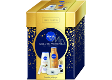 Nivea Golden Moment Shea Butter & Botanical sprchový gel 250 ml + Q10 Zpevňující tónovací tělové mléko 400 ml + Invisible Black & White Silky Smooth kuličkový antiperspirant roll-on 50 ml + Labello Hyaluron Rose balzám na rty 4,8 g + čelenka, kosmetická sada pro ženy