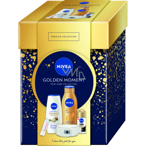 Nivea Golden Moment Shea Butter & Botanical sprchový gel 250 ml + Q10 Zpevňující tónovací tělové mléko 400 ml + Invisible Black & White Silky Smooth kuličkový antiperspirant roll-on 50 ml + Labello Hyaluron Rose balzám na rty 4,8 g + čelenka, kosmetická sada pro ženy