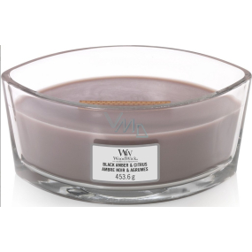 WoodWick Black Amber & Citrus - Černá ambra a citrusy vonná svíčka s dřevěným širokým knotem a víčkem sklo loď 453 g