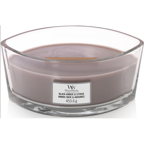WoodWick Black Amber & Citrus - Černá ambra a citrusy vonná svíčka s dřevěným širokým knotem a víčkem sklo loď 453 g