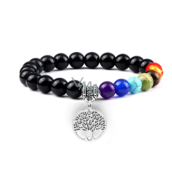 Čakrový náramek elastický Strom života + Obsidian, přírodní kámen, kulička 8 mm / 16 - 17 cm, kámen záchrany