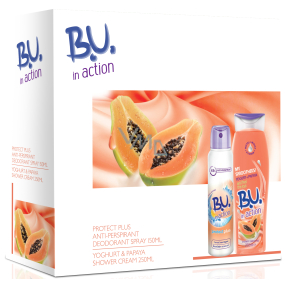 B.U. In Action Protect Plus antiperspirant deodorant sprej pro ženy 150 ml + In Action Yogurt + Papaya sprchový gel 250 ml, kosmetická sada