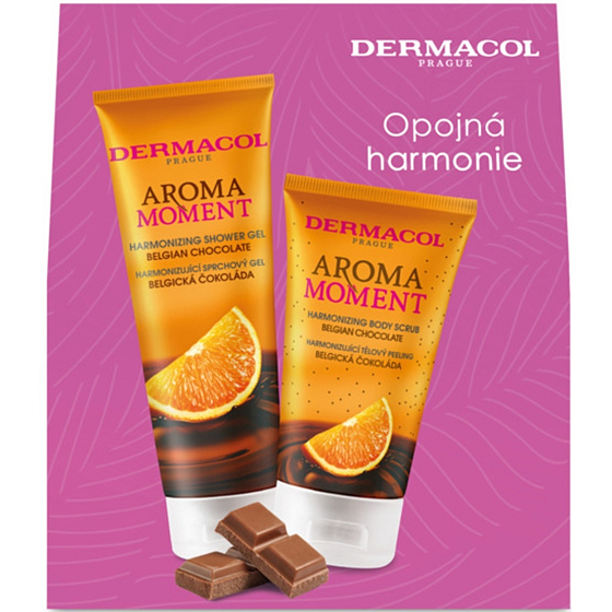 Dermacol Aroma Moment Belgian Chocolate - Belgická čokoláda sprchový gel 250 ml + tělový peeling 150 ml, kosmetická sada pro ženy