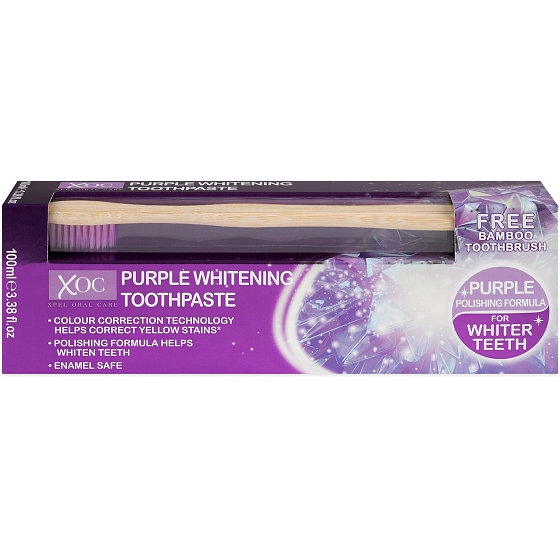 Xoc Purple Whitening bělicí zubní pasta 100 ml + bambusový kartáček na zuby 1 kus