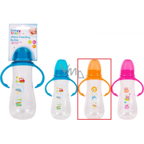 First Steps Feeding Bottle 0+ kojenecká lahev čirá s úchopy Zoo oranžová 250 ml