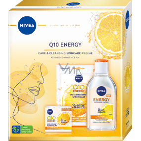 Nivea Q10 Energy OF15 energizující denní krém proti vráskám 50 ml + textilní pleťová maska 1 kus + micelární voda s vitaminem C 400 ml, kosmetická sada pro ženy