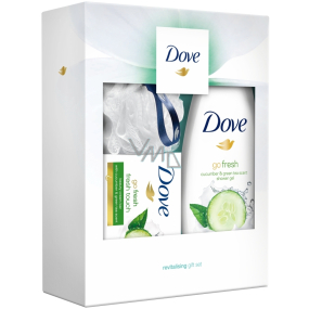 Dove Okurka & Zelený čaj sprchový gel pro ženy 250 ml + Fresh Touch toaletní mýdlo 100 g + luxusní sprchová houba, kosmetická sada
