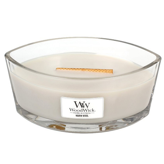 WoodWick Warm Wool - Hřejivá vlna vonná svíčka s dřevěným širokým knotem a víčkem loď 453 g