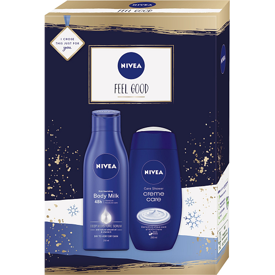 Nivea Feel Good výživné tělové mléko 250 ml + sprchový gel 250 ml, kosmetická sada pro ženy