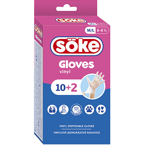 Söke Rukavice hygienické jednorázové vinylové, velikost M/L, 10 + 2 kusy