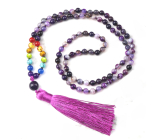 108 Mala 7 čakrový Achát fialový náhrdelník, meditační šperk, přírodní kámen vázaný, elastický, korálek 6 mm