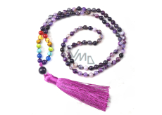 108 Mala 7 čakrový Achát fialový náhrdelník, meditační šperk, přírodní kámen vázaný, elastický, korálek 6 mm