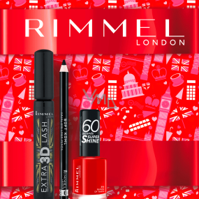 Rimmel London Extra 3D Lash řasenka 003 Extreme Black 8 ml + Soft Kohl Kajal tužka na oči 061 1,5 g + 60 Seconds Super Shine Nail Polish lak na nehty 315 Queen Of Tarts 8 ml, kosmetická sada pro ženy