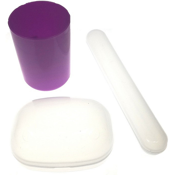 Plastic Nova Toaletní sáček souprava - cestovní toaletní sada fialová, kelímek, pouzdro na kartáček a mýdlo 3 kusy