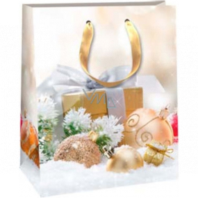 Ditipo Dárková papírová taška 26,4 x 13,6 x 32,7 cm Glitter Vánoční světlá - zlatý dárek a baňky