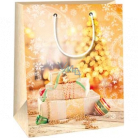Ditipo Dárková papírová taška 18 x 10 x 22,7 cm Vánoční zlatá - dárky, svítící stromeček