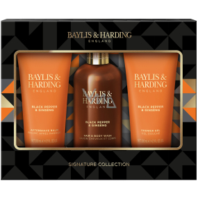 Baylis & Harding Men Černý pepř a Ženšen sprchový gel 200 ml + balzám po holení 200 ml + mycí gel na tělo a vlasy 300 ml, kosmetická sada pro muže