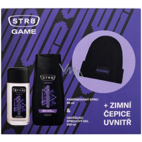 Str8 Game parfémovaný deodorant sklo 85 ml + sprchový gel 250 ml + čepice, kosmetická sada pro muže