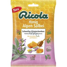 Ricola Honig Alpen Salbei Medovo - Šalvějové švýcarské bylinné bonbóny bez cukru s vitamínem C z 13 bylin, zklidňuje krk 75 g