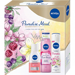 Nivea Paradise Mood sprchový gel 300 ml + deodorant sprej 150 ml + odličovač očí 125 ml, kosmetická sada pro ženy
