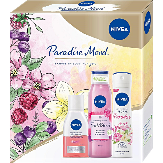 Nivea Paradise Mood sprchový gel 300 ml + deodorant sprej 150 ml + odličovač očí 125 ml, kosmetická sada pro ženy