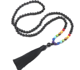 108 Mala 7 čakrový náhrdelník, Onyx meditační šperk, přírodní kámen vázaný, elastický, střapec 8 cm, korálek 6 mm