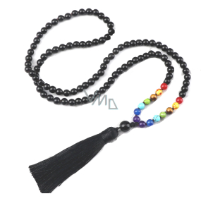 108 Mala 7 čakrový náhrdelník, Onyx meditační šperk, přírodní kámen vázaný, elastický, střapec 8 cm, korálek 6 mm