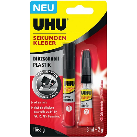 Uhu Super Glue Plastic ultrarychlé dvoufázové sekundové lepidlo pro lepení plastů 3 ml + 2 g
