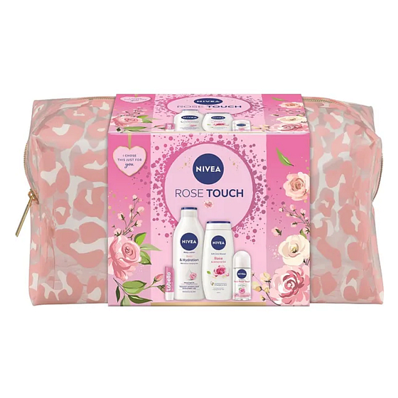 Nivea Rose Touch Rose & Hydration tělové mléko 400 ml + Nivea Rose & Almond Oil sprchový gel 250 ml + Nivea Fresh Rose Touch roll-on antiperspirant 50 ml + Labello Soft Rosé balzám na rty 4,8 g + kosmetická etue, kosmetická sada pro ženy