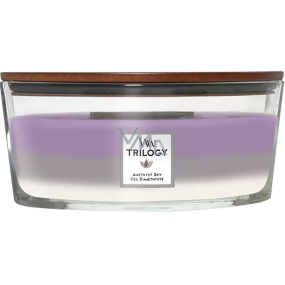 WoodWick Trilogy Amethyst Sky - Ametystové nebe vonná svíčka s dřevěným širokým knotem a víčkem sklo loď 453 g