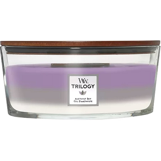 WoodWick Trilogy Amethyst Sky - Ametystové nebe vonná svíčka s dřevěným širokým knotem a víčkem sklo loď 453 g