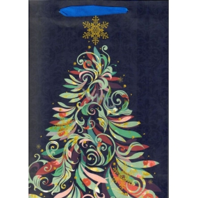 Ditipo Dárková papírová taška Glitter 26,4 x 13,6 x 32,7 cm modrá, strom barevný QAB