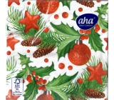 Aha Papírové ubrousky 3 vrstvé 33 x 33 cm 20 kusů Vánoční cesmína, červené baňky