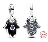 Charm Sterlingové stříbro 925 Ruka Fatimy, Hamsa - Mini Medailon s hvězdně modrým krystalem a černým smaltem, přívěsek na náramek symbol