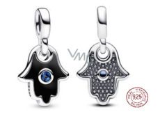 Charm Sterlingové stříbro 925 Ruka Fatimy, Hamsa - Mini Medailon s hvězdně modrým krystalem a černým smaltem, přívěsek na náramek symbol