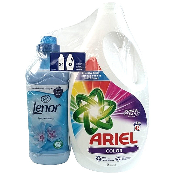 Ariel Color univerzální prací gel 43 dávek + Lenor Spring Swakening aviváž 34 dávek, duopack