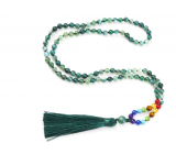 108 Mala 7 čakrový náhrdelník, Achát zelený meditační šperk, přírodní kámen vázaný, elastický, střapec 8 cm, korálek 6 mm