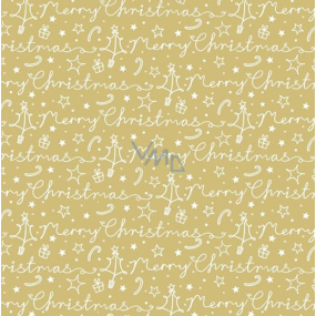 Präsenta Dárkový balící papír 70 x 200 cm Vánoční zlatý - Bílý nápis Merry Christmas, bílé stromečky